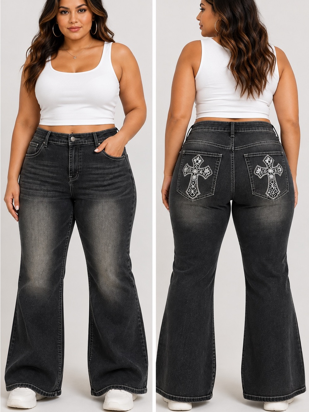 ROMWE Washed Jeans Size 4X Black Gray Embellished Cross Back Pockets